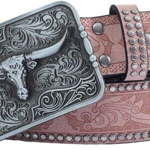Women’s Western PU Leather Belt Vintage Square Buckle Waist Belt Pink 100